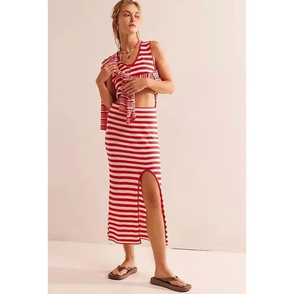 Free People Beach Bailey Skirt Terry Red White Striped Sz L